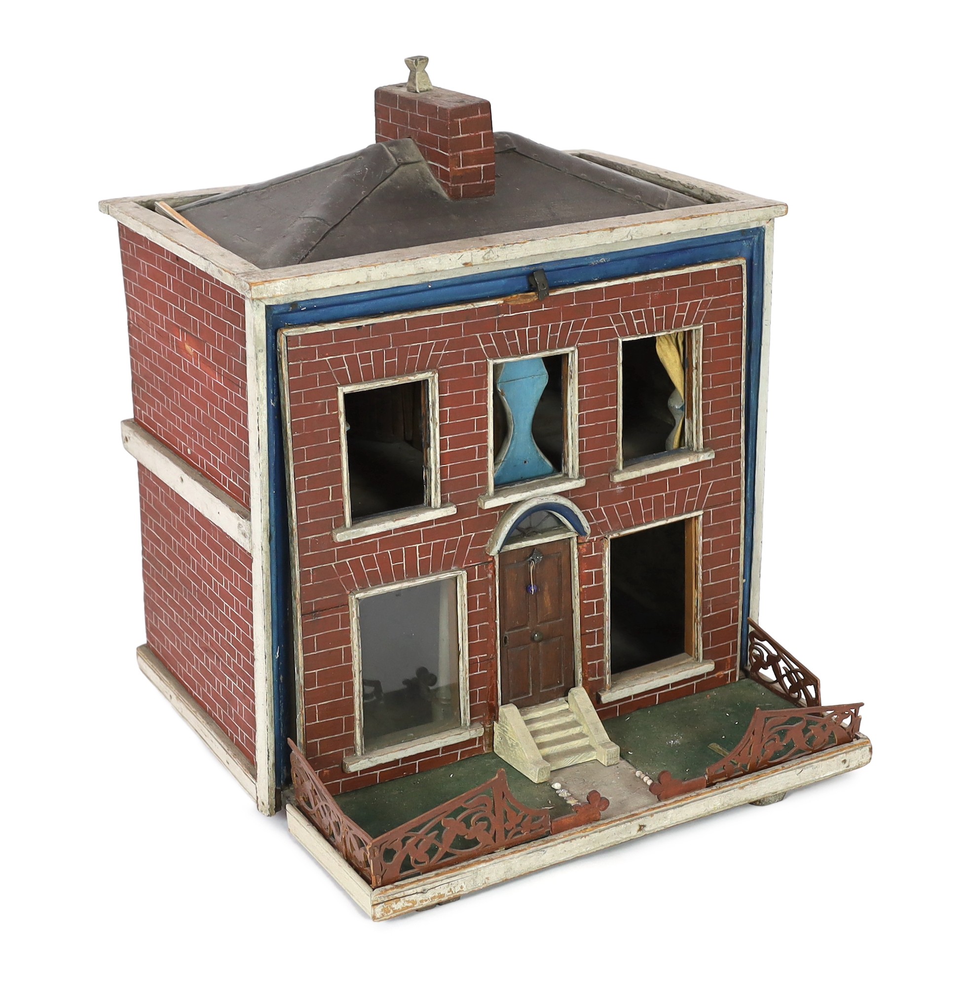 An extraordinary English dolls’ house, mid 19th century, double-fronted with lawned front garden, - Image 2 of 3