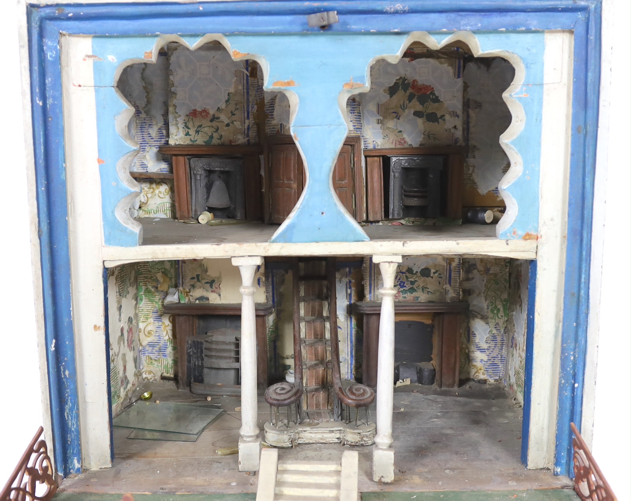 An extraordinary English dolls’ house, mid 19th century, double-fronted with lawned front garden, - Image 3 of 3