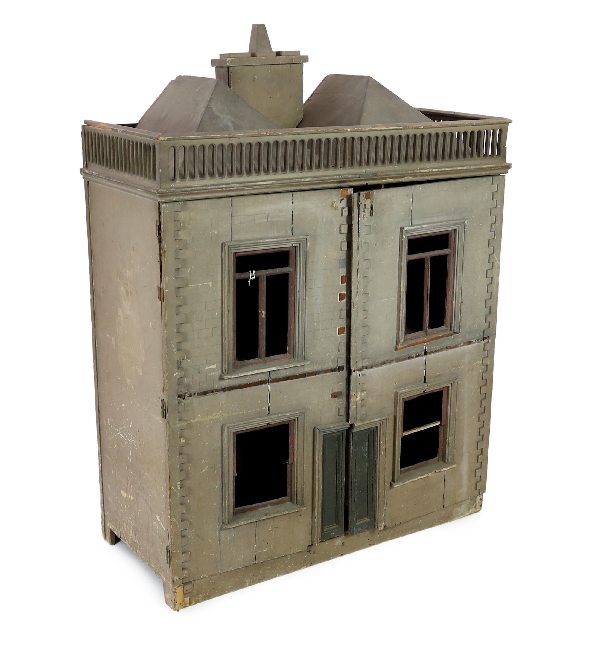 A very large English dolls’ house, circa 1840-1850, with a central panelled door and large windows - Image 2 of 10