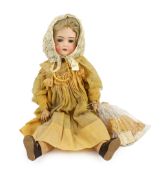An Einco bisque doll, German, circa 1900, printed mark in red, EINCO 6, with open mouth and upper