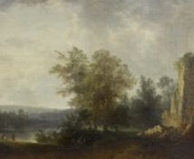 English School c.1800, oil on canvas, Travellers and ruins in a landscape, 31 x 37cm