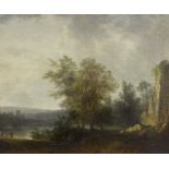 English School c.1800, oil on canvas, Travellers and ruins in a landscape, 31 x 37cm