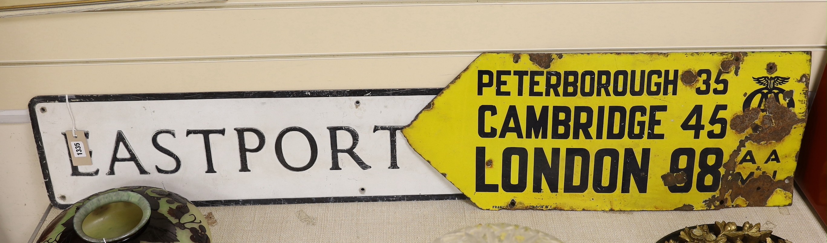 An AA enamel road distance sign, together with an Easyport Lane road-sign, 112cm wide