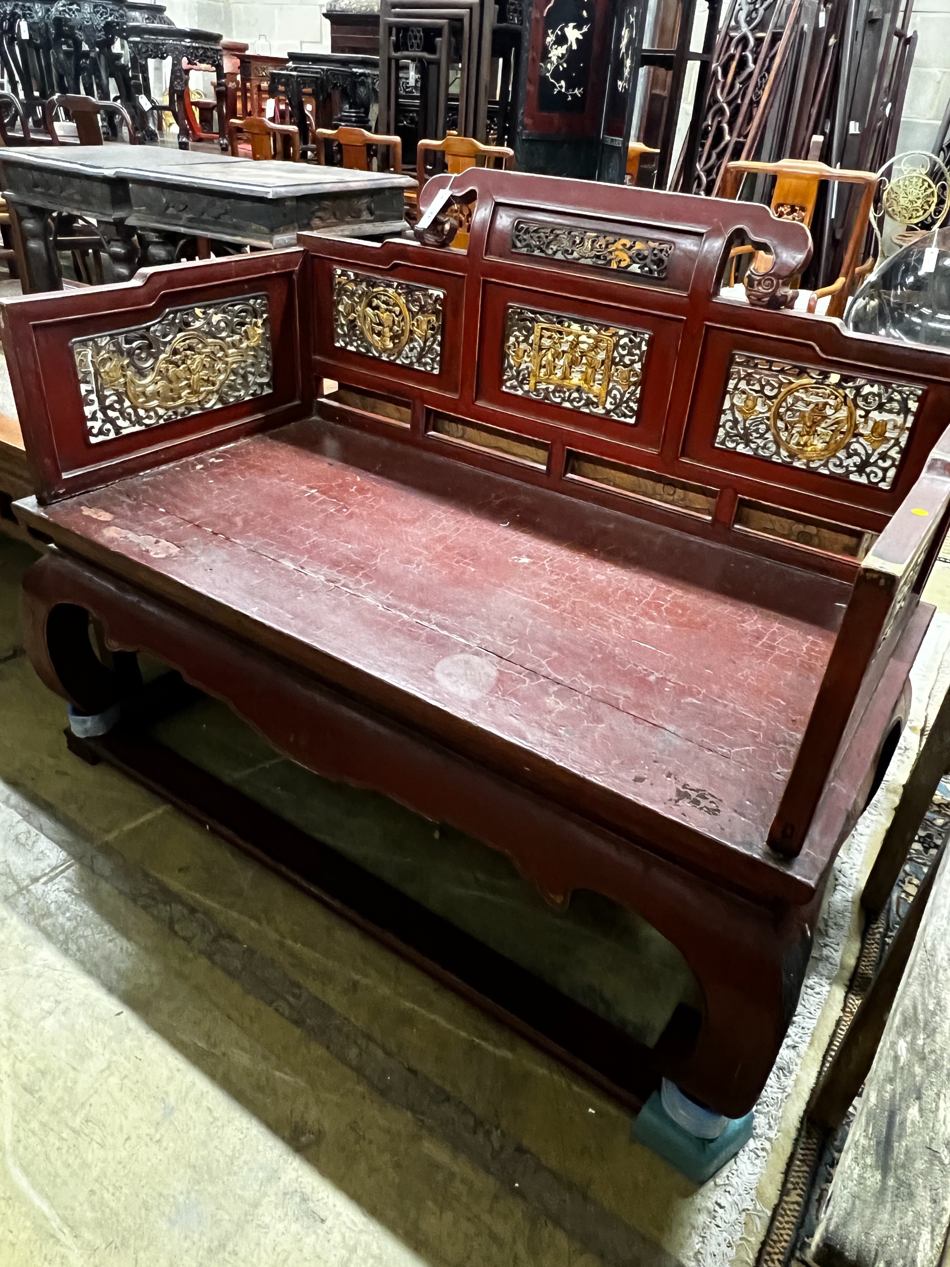 A Chinese scarlet lacquer parcel gilt bench, length 125cm, depth 70cm, height 97cm - Image 8 of 8