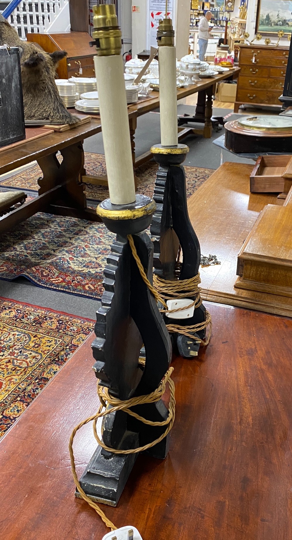 A pair of 18th century style painted parcel gilt table lamps, height 63cm - Image 2 of 2