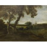 19th century English School, oil on wooden panel, Church in a landscape, 40 x 51cm