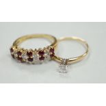 A modern 18ct gold, ruby and diamond cluster set half hoop ring, size L, gross weight 3.4 grams