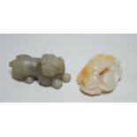 A Chinese white and russet Jade chilong carving and a celadon jade figure of a lion-dog, 7cm