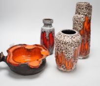 Set of four West German Art Pottery items; a Scheurich volcanic lava "Flame" ewer, no.275, 28cm