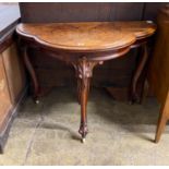 A Victorian figured walnut D shaped folding card table, width 100cm, depth 51cm, height 74cm