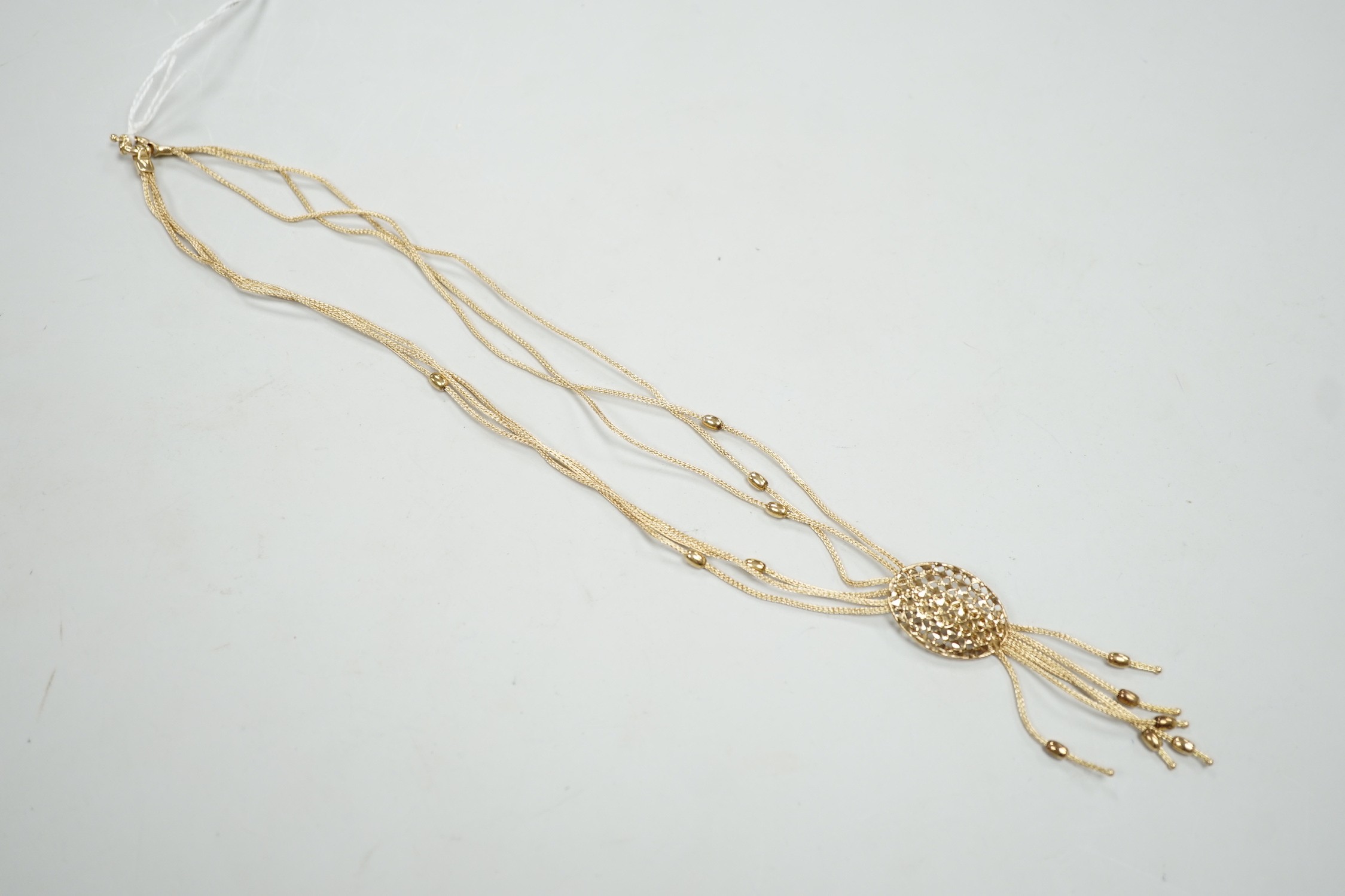 A modern Italian 375 yellow metal multi strand drop tassel necklace, approx. 49cm, 9.9 grams. - Image 4 of 4