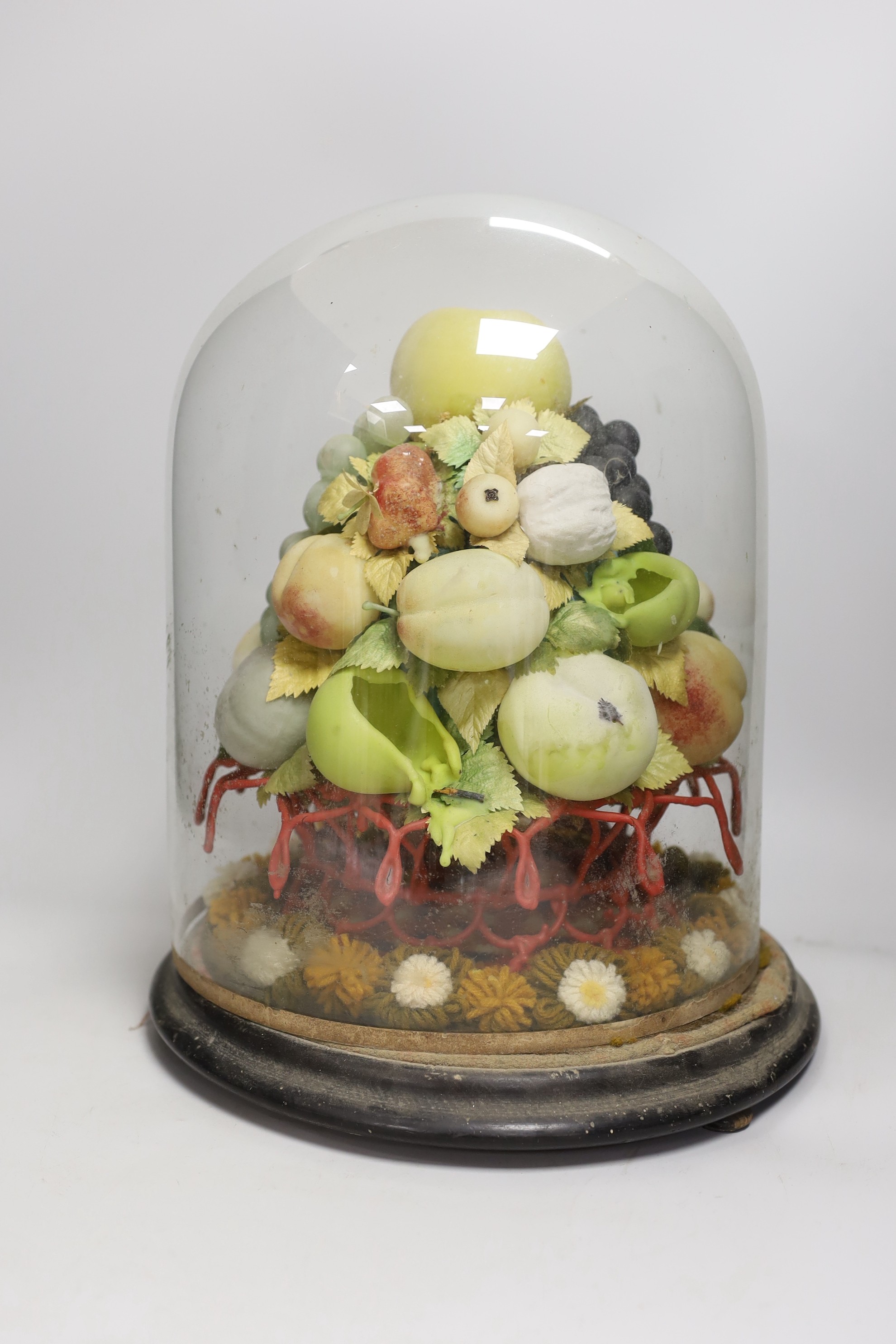 A Victorian wax fruit and woolwork arrangement under a glass dome, 36cm tall - Image 2 of 2