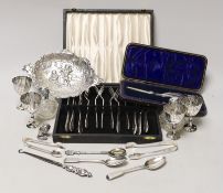 Sundry small silverwares including flatware, a pair of mounted glass scent bottles, a white metal