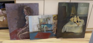 Keith John Tutt, three oils on board, Nudes in the studio, one inscribed verso, largest 77 x 62cm,