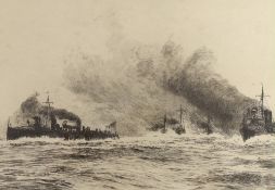 William Lionel Wyllie (1851-1931), drypoint etching, Warships at sea, signed in pencil, visible