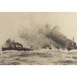 William Lionel Wyllie (1851-1931), drypoint etching, Warships at sea, signed in pencil, visible