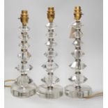 A set of three Art Deco cut glass table lamps 37cm total height