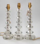 A set of three Art Deco cut glass table lamps 37cm total height