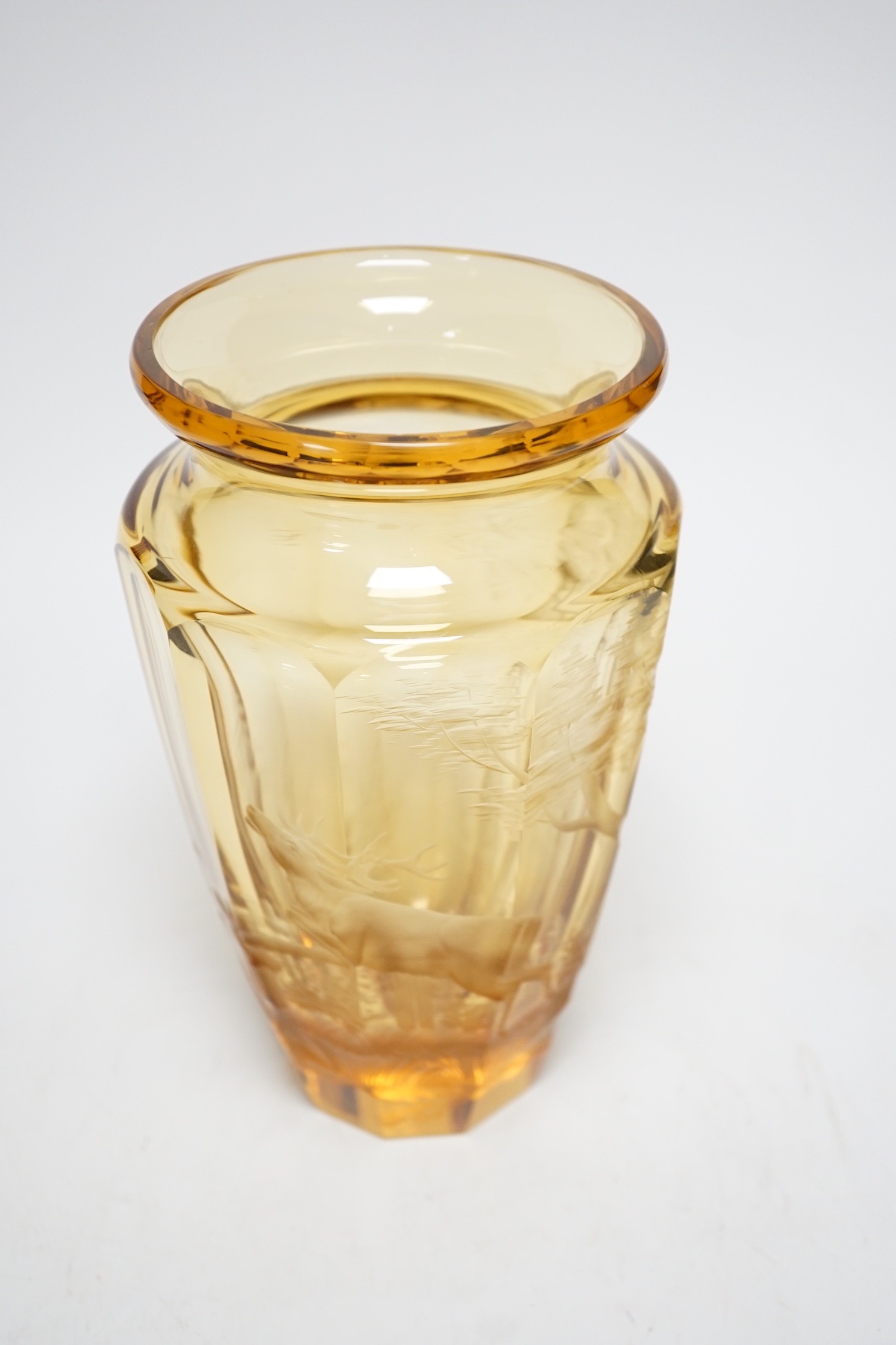 A Moser wheel engraved amber glass vase, 22cm - Image 6 of 7