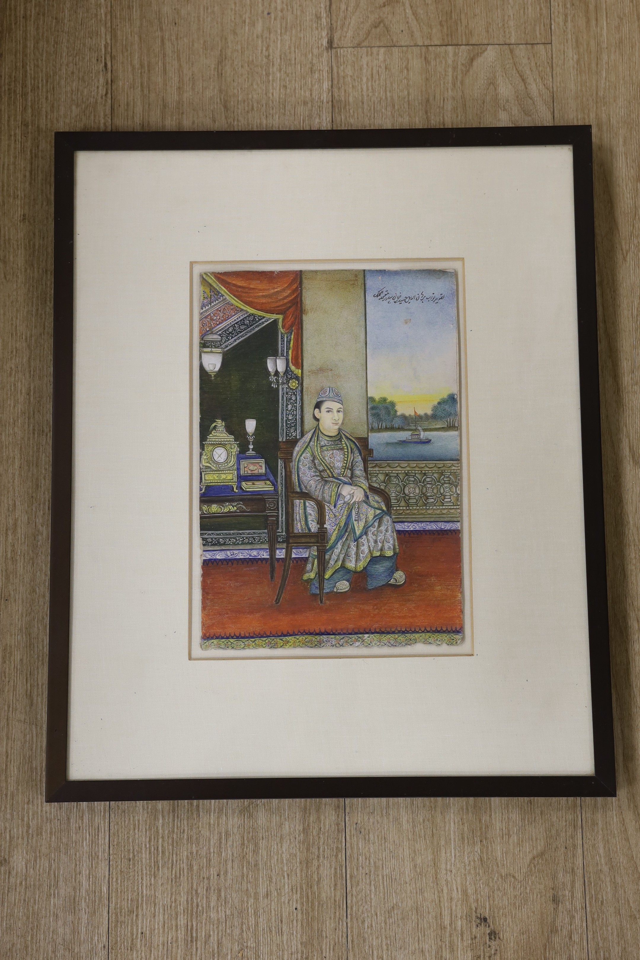 Indian school, miniature watercolour, Portrait of the Nawab of Oudh, riverscape beyond, 29.5 x 20cm - Image 2 of 2