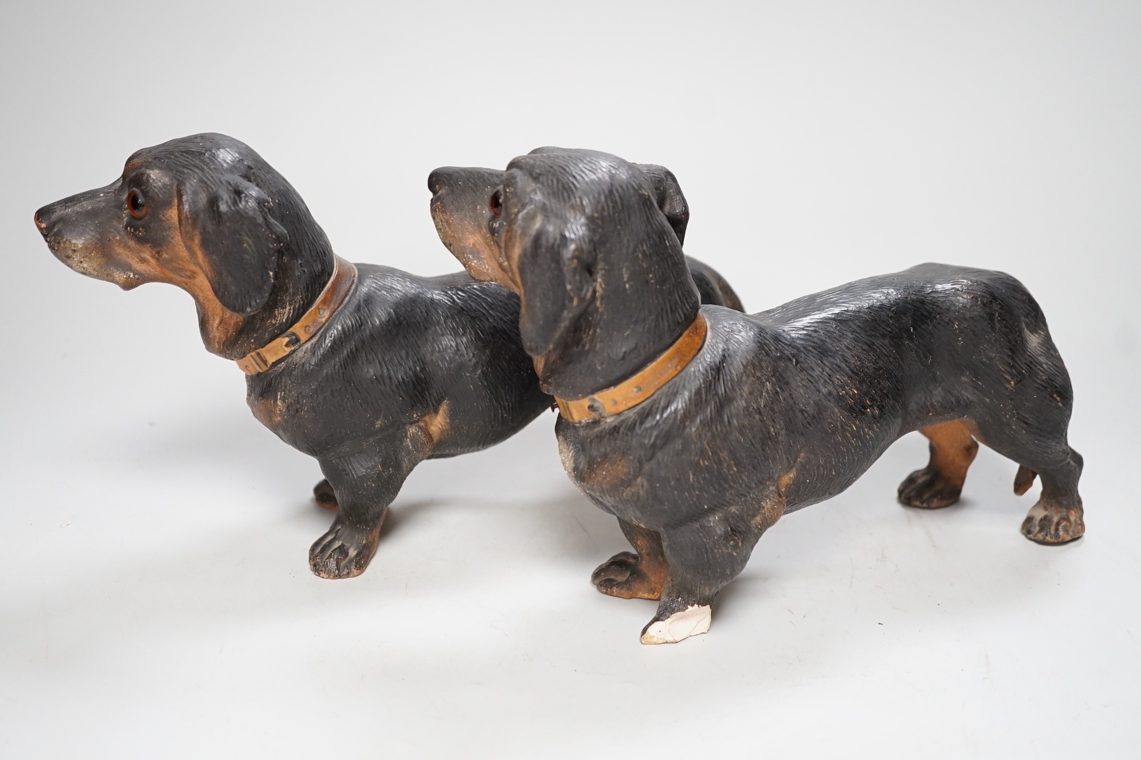 A pair of Austrian cold painted terracotta models of Dachshunds, one paw damaged, inset glass eyes - Image 5 of 5