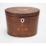 A George III oval harewood and marquetry tea caddy, c.1790, 12cms high x 15cms wide Ivory submission