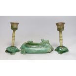 A pair of Chinese jade stemmed and green quartz candlesticks and a green quartz brushwasher, 12cms