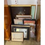 A collection of assorted oils, watercolours and prints and a rectangular wall mirror