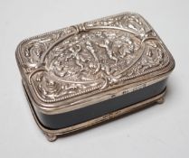 A late Victorian silver mounted tortoiseshell rectangular box and cover, on ball feet, Joseph