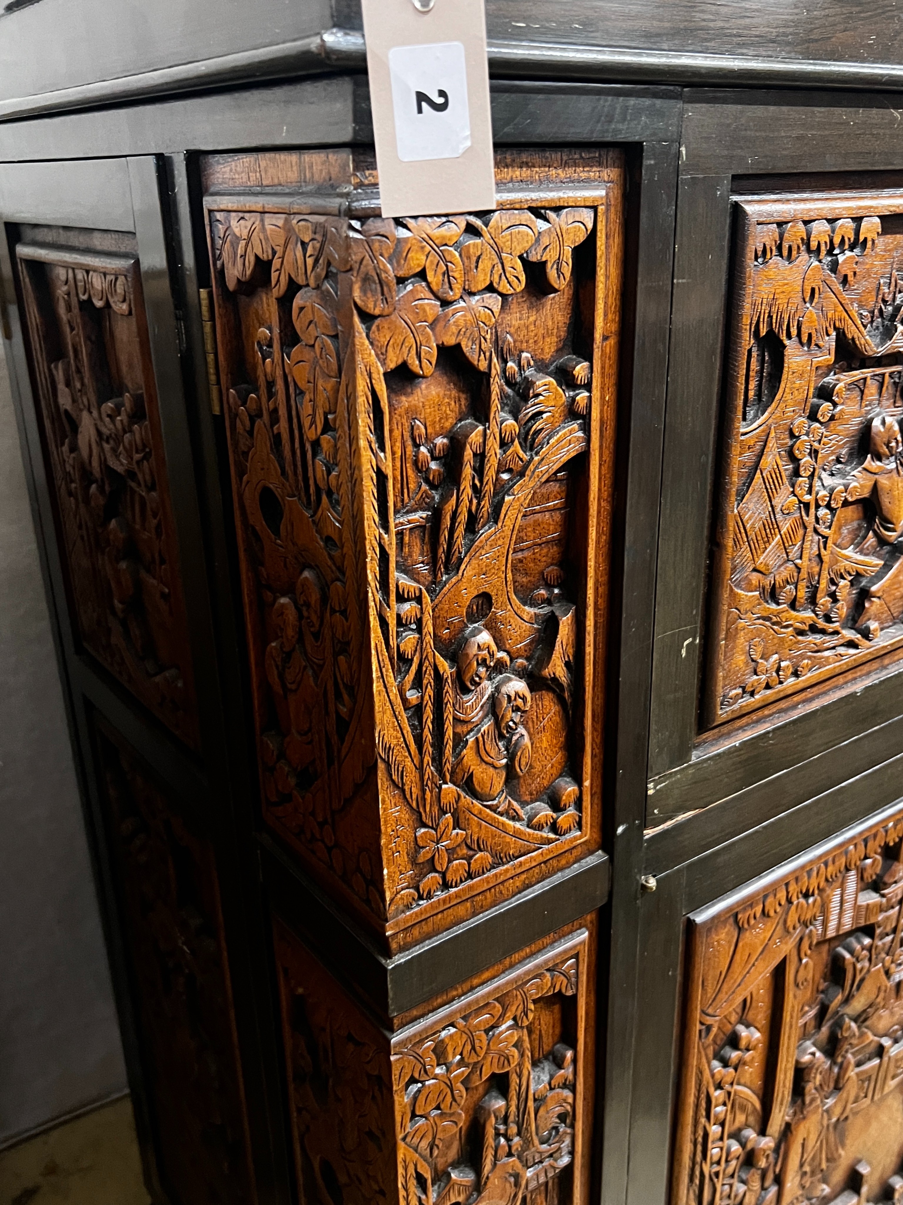 A Chinese carved hinged top cocktail cabinet with mirrored interior, width 111cm, depth 46cm, height - Image 2 of 9