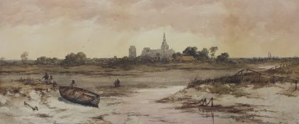 Richard Henry Nibbs (1816-1893), watercolour, Estuary at low tide with church in the distance,