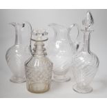 Two Victorian cut glass decanters, a ewer and a jug. Tallest 32cm