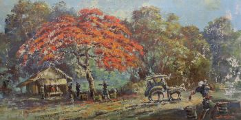 S. de Wardje, oil on canvas, South African? village scene, signed, 40 x 79cm, unframed