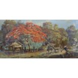 S. de Wardje, oil on canvas, South African? village scene, signed, 40 x 79cm, unframed