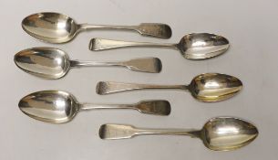 Four assorted 19th century silver table spoons, 9.5oz and two plated spoons.