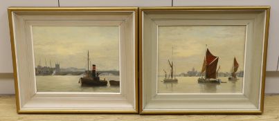 Albert Vavasour Hammond FRSA (1900-1985), pair of oils on board, 'Southwark' and 'Thames Barges',
