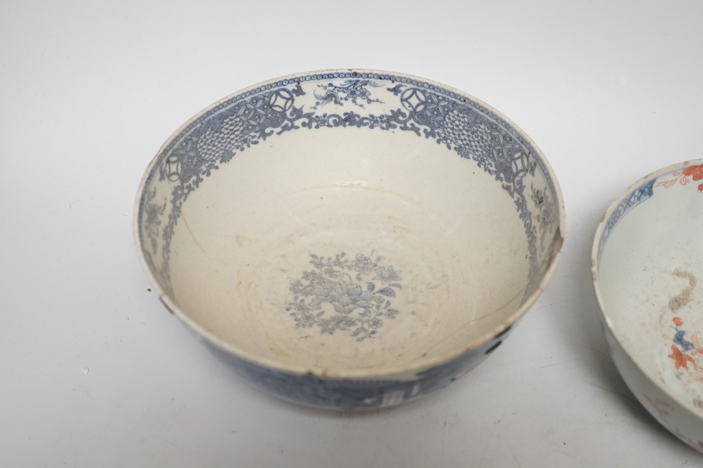 Six 18th century Chinese porcelain bowls (a.f.) and a Chinese imari plate, largest bowl 20cm - Image 11 of 13