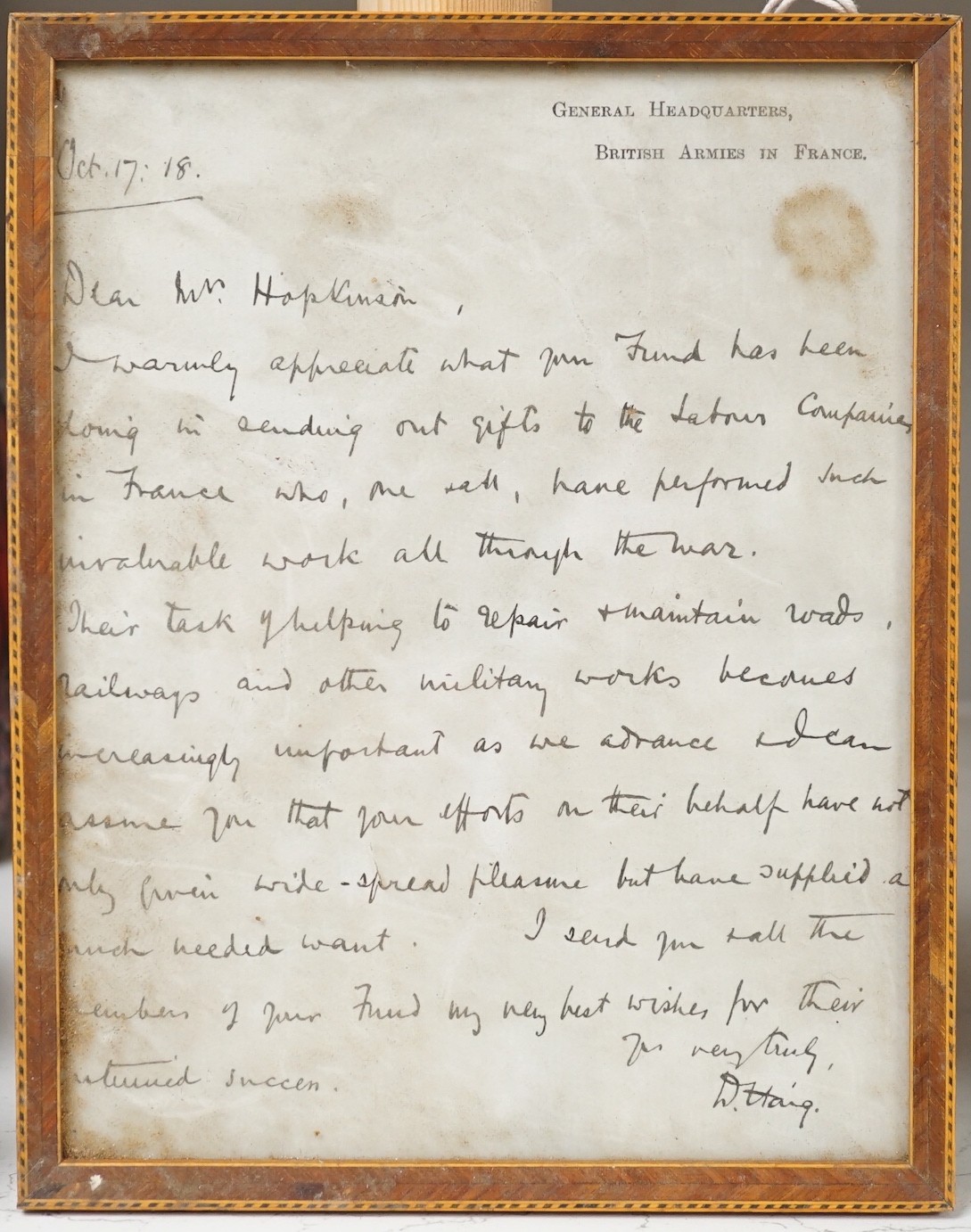 WWI interest- An autograph letter, signed by Douglas Haig 17/10/1918