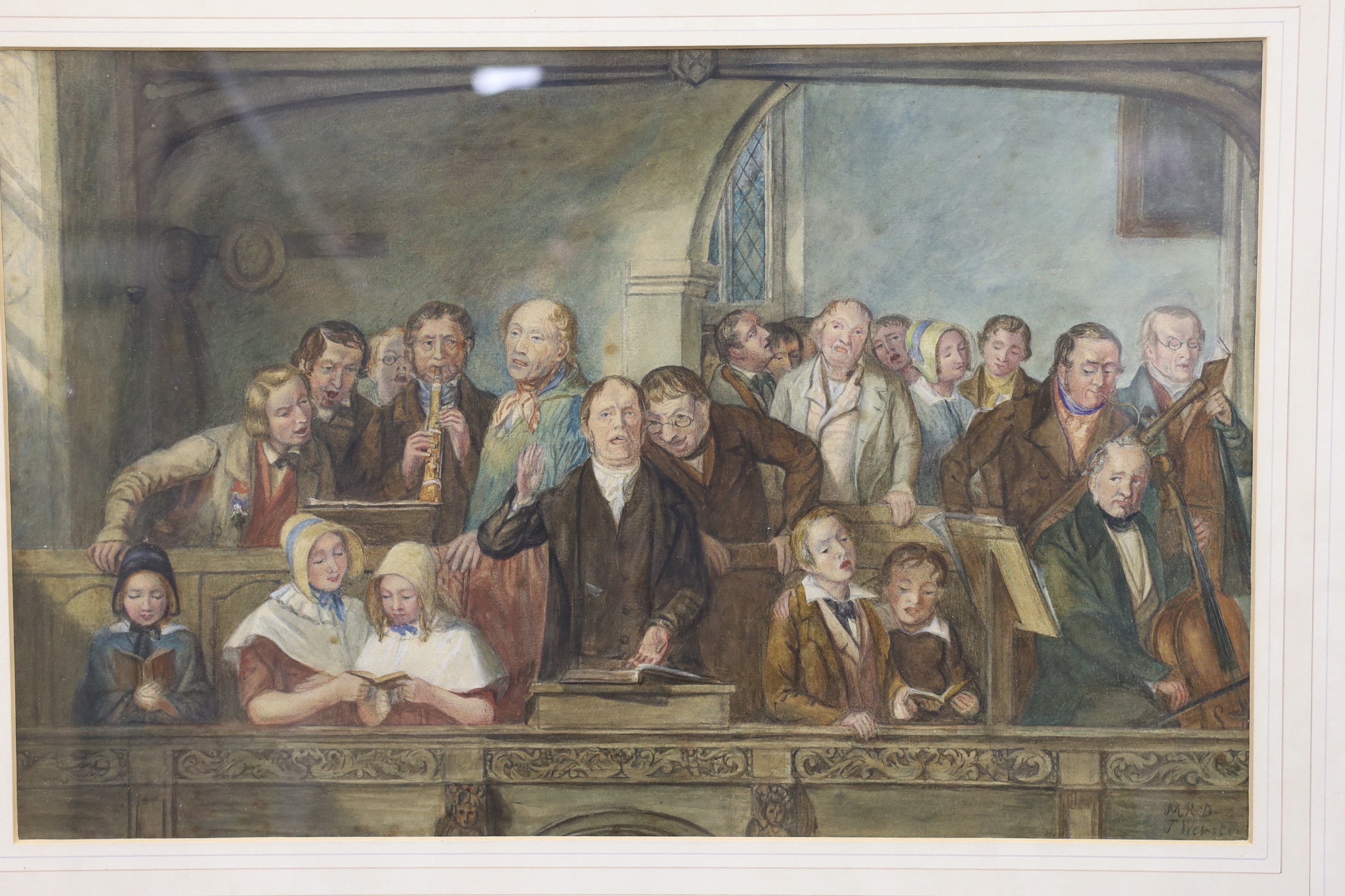 Three 19th century watercolours, 'Parish choir' by Webster, 31 x 49cm, Woman knitting by Miss Butler - Image 4 of 4