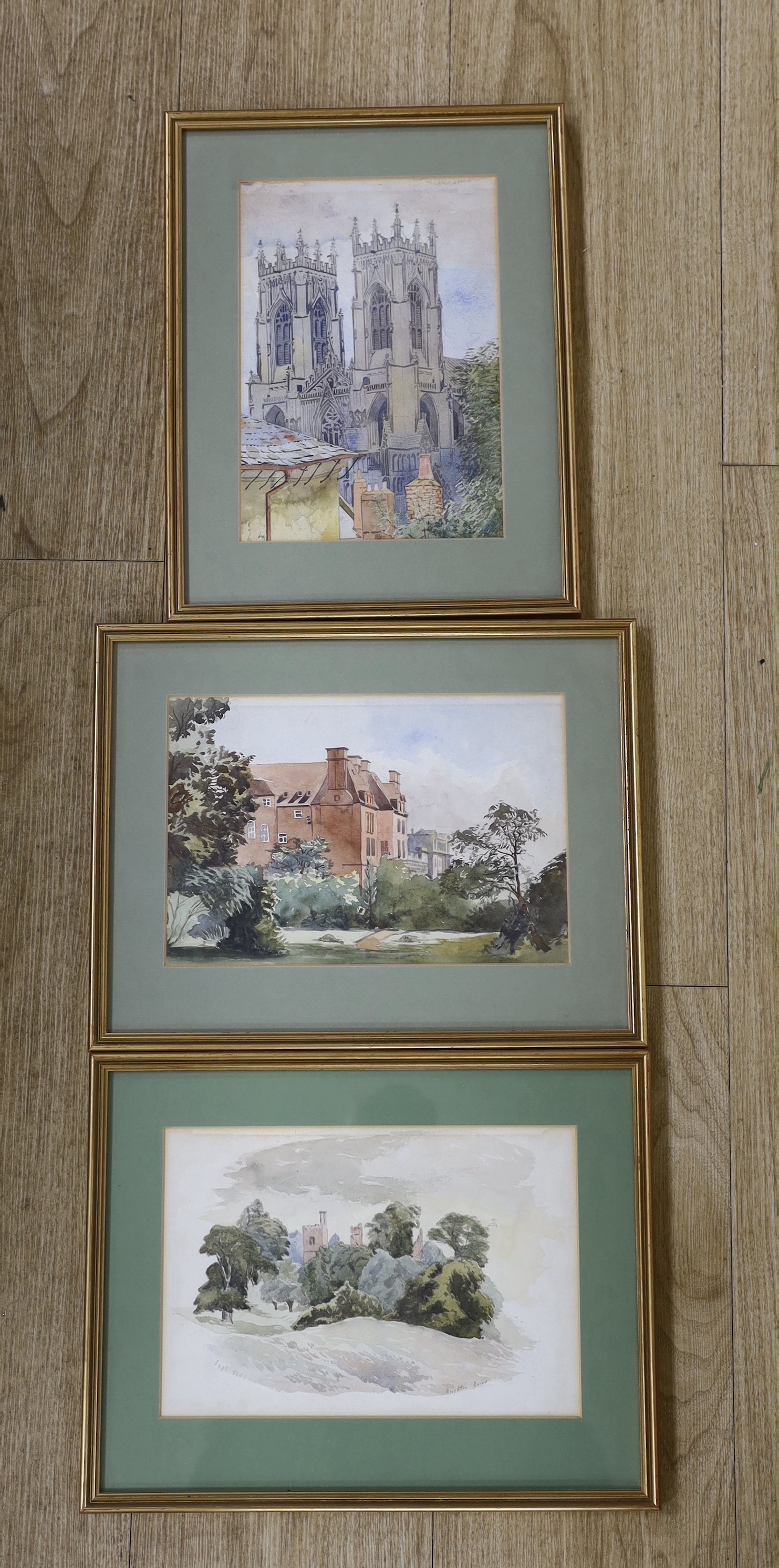 Victorian School, three watercolours, Houghton Ruins and View of a Country House and a View of a