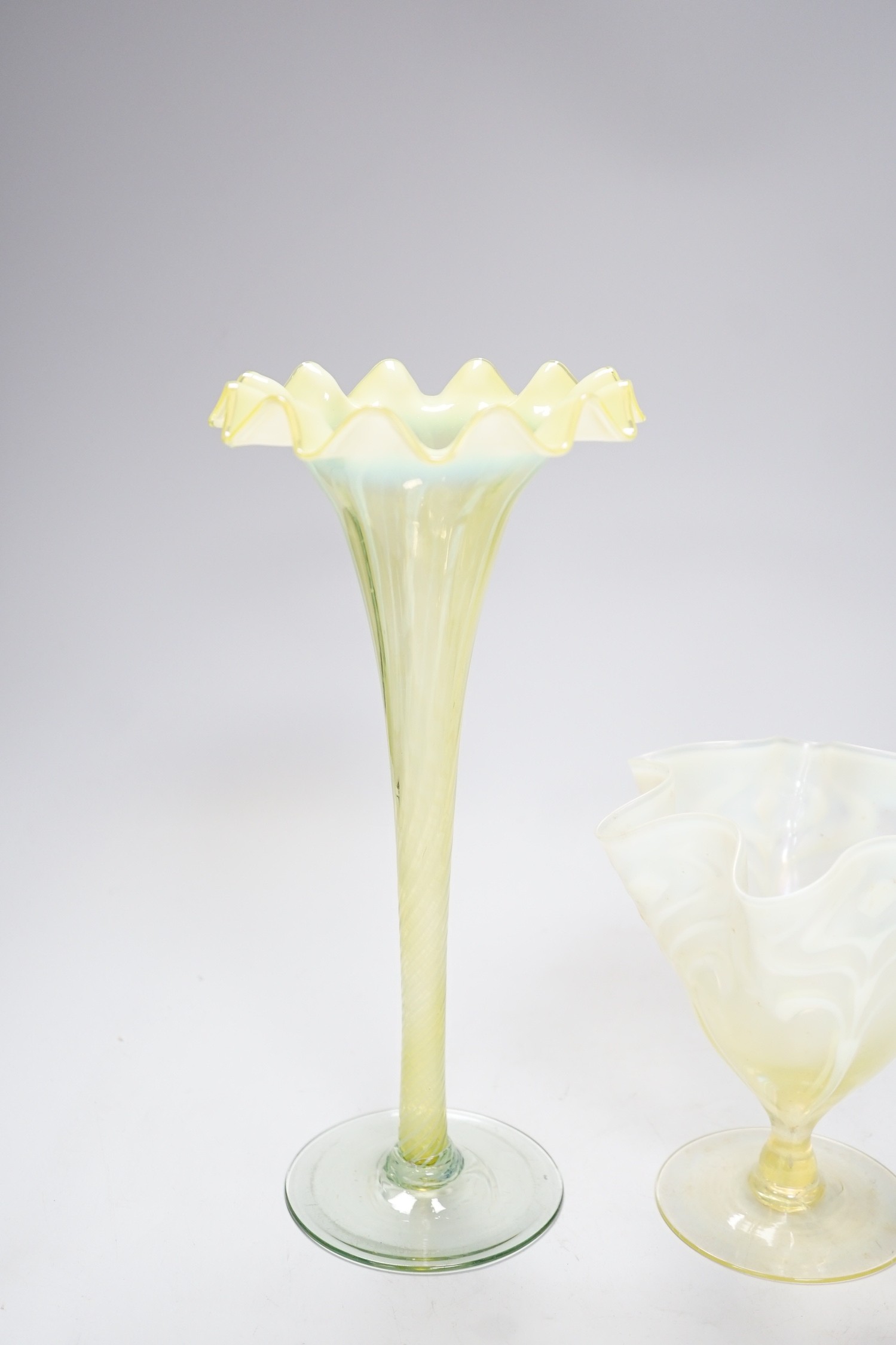 Two early 20th century vaseline glass vases, tallest 29cm - Image 5 of 5