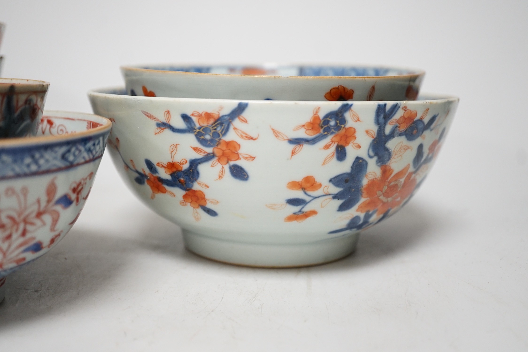 Six 18th century Chinese porcelain bowls (a.f.) and a Chinese imari plate, largest bowl 20cm - Image 4 of 13