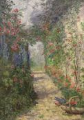 Ada Dennis R.O.I. (1862-1900), oil on board, 'In an Old World Garden', RI Exhibition label verso, 34