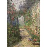 Ada Dennis R.O.I. (1862-1900), oil on board, 'In an Old World Garden', RI Exhibition label verso, 34