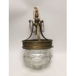 A brass mounted glass hanging lantern, 42cm