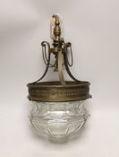 A brass mounted glass hanging lantern, 42cm