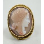 A modern 9ct gold and hardstone cameo ring, carved with the bust of a lady to sinister, size L,