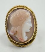 A modern 9ct gold and hardstone cameo ring, carved with the bust of a lady to sinister, size L,