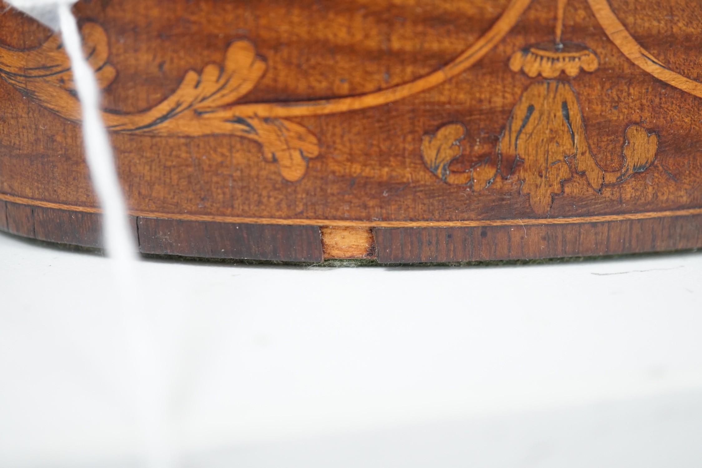A George III oval harewood and marquetry tea caddy, c.1790, 12cms high x 15cms wide Ivory submission - Image 5 of 5