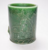 A Chinese incised green glass cylindrical brushpot, 11cm